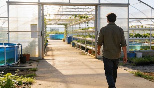 Man inspecting hydroponic greenhouse walkway with blue aquaponics tanks and vertical racks