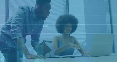 Man and Woman Analyzing Financial Data with Chart Overlays