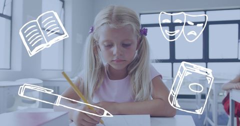 young girl studying with creative literature icons - Download Free Stock Images Pikwizard.com