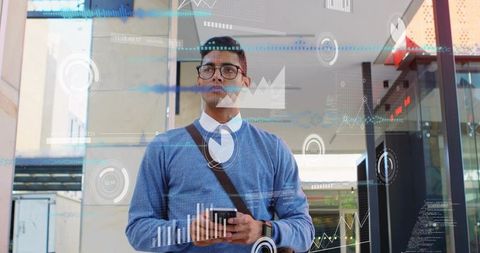 Young Professional Using Smartphone with Augmented Reality Data Overlays in Office Lobby