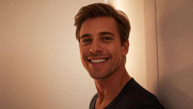 Smiling man leaning against wall under warm light, casual v-neck, friendly headshot