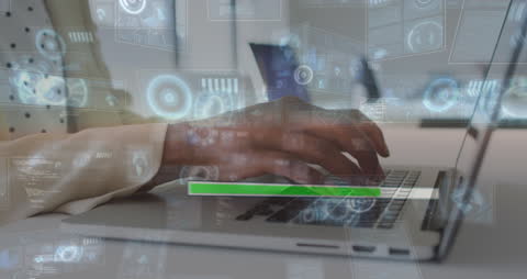 Businesswoman Using Laptop with Futuristic Data Interface