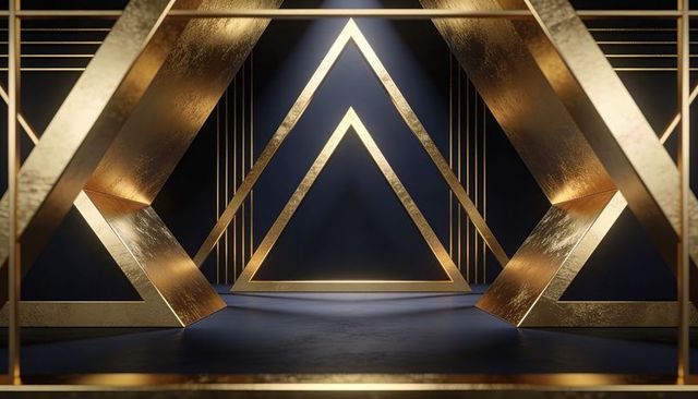 Luxury gold triangle portal on navy platform with futuristic geometric lighting, symmetry