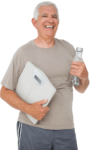 Happy Senior Man Holding Water Bottle and Scale on Transparent Background
