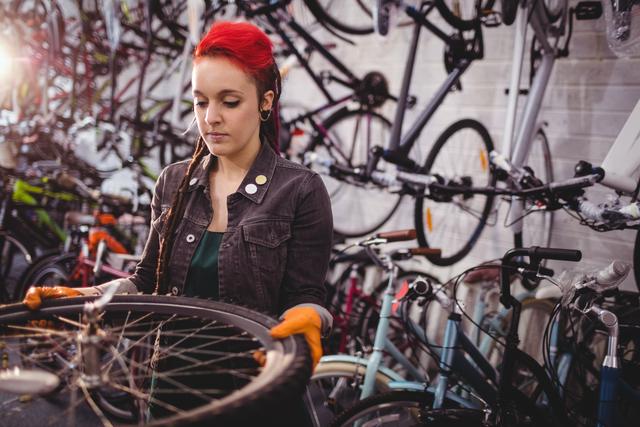 Female bike mechanic with red hair inspecting a bicycle wheel in a workshop. Bicycles hang on the wall behind her, and she is wearing a brown jacket and gloves. Ideal for use in content related to bike repair, female professionals, cycling maintenance, and repair workshops.