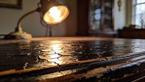 Worn wooden tabletop reflecting warm lamp light with cracked lacquer texture