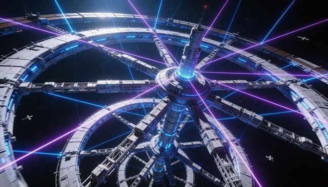 Rotating futuristic space station with torus rings, central hub tower and neon energy beams