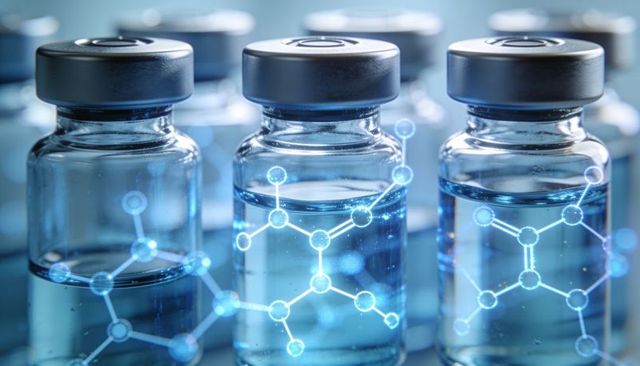 Vaccine vials displaying molecular structure overlay on lab bench with blue reagents