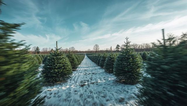 Serene Winter Landscape in Christmas Tree Farm with Snow