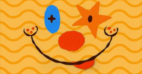 Abstract playful clown face on vibrant patterned background