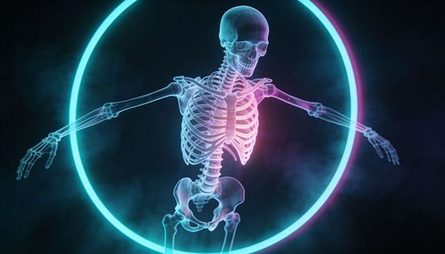 Floating translucent human skeleton glowing in neon ring futuristic anatomy visualization