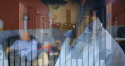 Businesswoman Engaged with Tablet Amidst Data Visualization