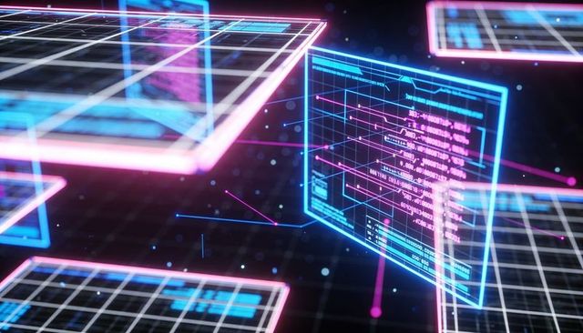 Futuristic neon holographic data panels floating in cyber grid with glowing code streams