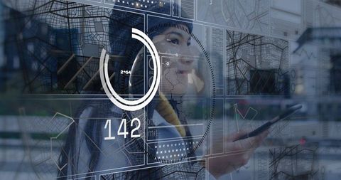 Muslim woman using smartphone with futuristic city data overlay and dashboard gauge