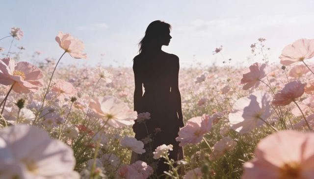 Silhouetted woman standing and gazing over pastel wildflower meadow at sunrise