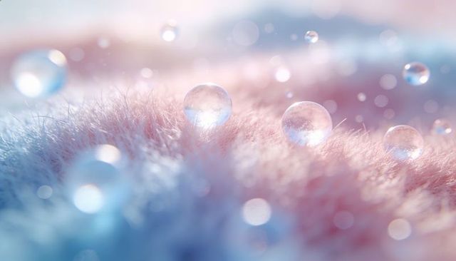 Pastel macro: clear water droplets on plush fibers with soft bokeh glow and gradient