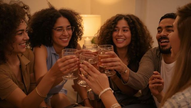 Diverse friends toasting on couch at cozy amber-lit living room gathering