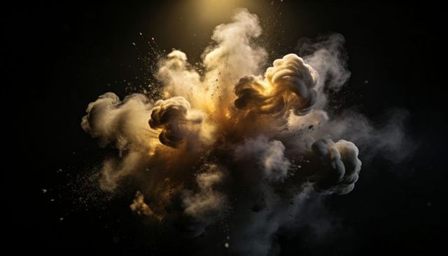 Billowing glowing smoke explosion with golden dust plume cinematic lighting