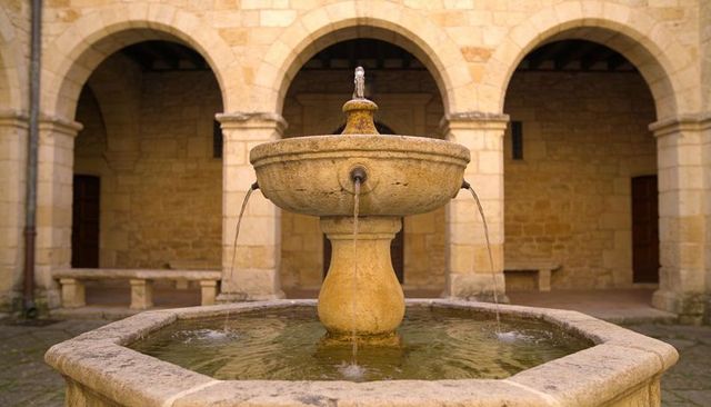 Historic sandstone cloister fountain flowing into octagonal basin with arched colonnade