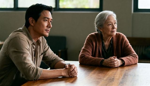 Adult son and elderly mother sharing quiet, thoughtful moment at wooden dining table