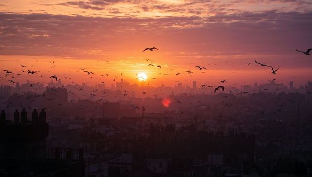 Sun Rising over City Skyline with Flock of Birds Silhouetting Rooftops at Dawn