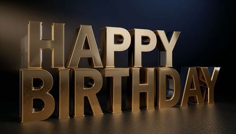 Golden 3d happy birthday letters shining on dark gloss floor reflective metallic typography