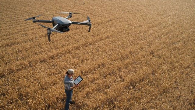Drone surveillance in wheat field with farmer monitoring