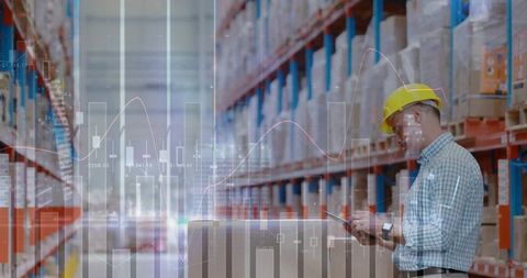 Warehouse Manager Using Tablet Amid High Shelving with Inventory Analytics Overlay