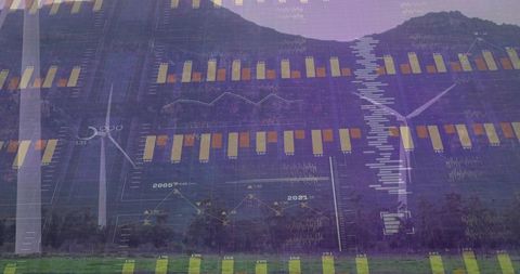 Twin wind turbines with translucent charts over twilight valley for energy analytics