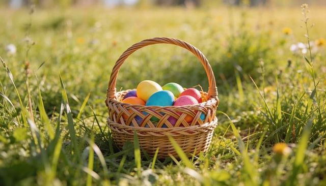 Wicker easter basket filled with colorful dyed eggs on sunlit meadow at golden hour