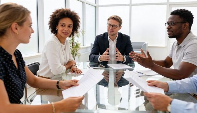 Executive Guiding Strategy Meeting at Glass Conference Table with Diverse Team