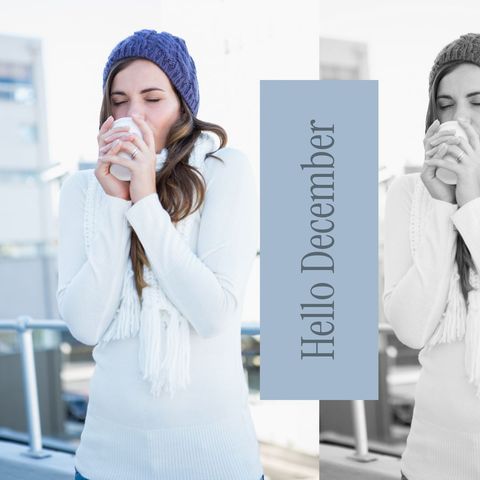 woman enjoying warm drink in winter season with december greeting - Download Free Stock Templates Pikwizard.com