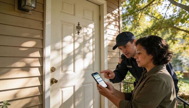Uniformed officer pointing at phone while homeowner checks safety app on sunlit porch