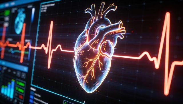 Rotating holographic heart displaying neon ecg waveform and clinical diagnostic dashboard