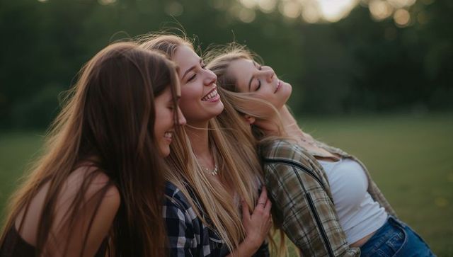 Three young women laughing together in grassy field at dusk embracing friendship