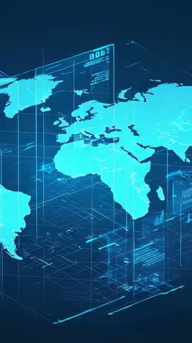 Vertical holographic world map rotating inside neon cyberspace grid