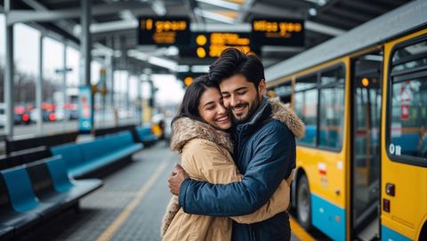 Romantic couple embracing at urban bus station in winter