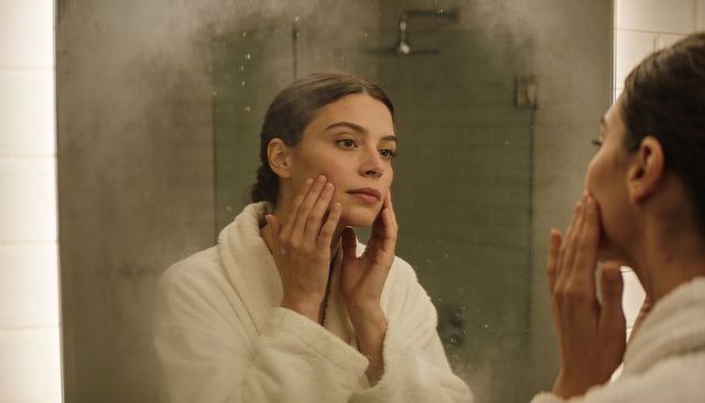Woman inspecting skin in fogged bathroom mirror wearing white bathrobe for skincare ritual