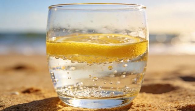 Glass of sparkling water with lemon slice sitting on sunlit beach sand, refreshing summer