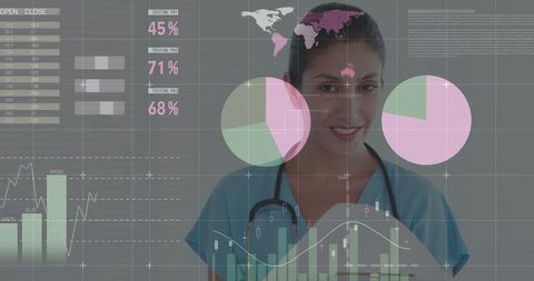 Smiling Nurse in Digital Visualization with Global Data Charts