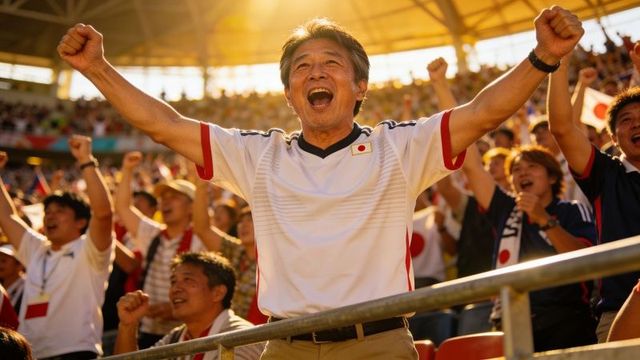 Japanese soccer fan cheering with arms raised in sunlit stadium celebrating victory