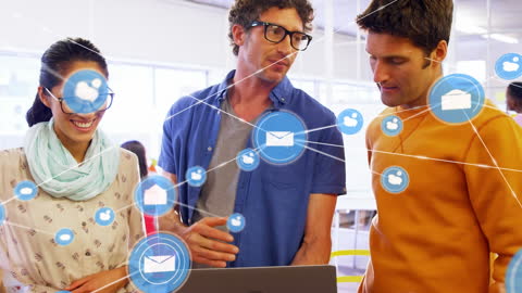 Diverse Team Collaborating with Digital Networks Symbol Overlay