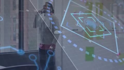 Man Communicating with Futuristic Digital Interface Overlay