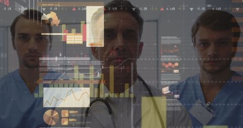 Healthcare Professionals with Digital Financial Graphs Overlay