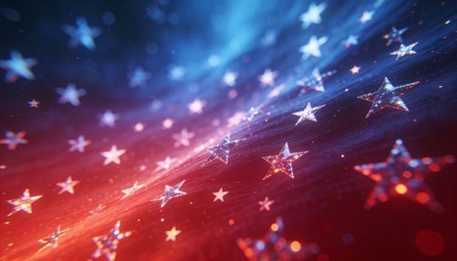 Glittering stars sweeping across red-blue gradient with bokeh motion and depth