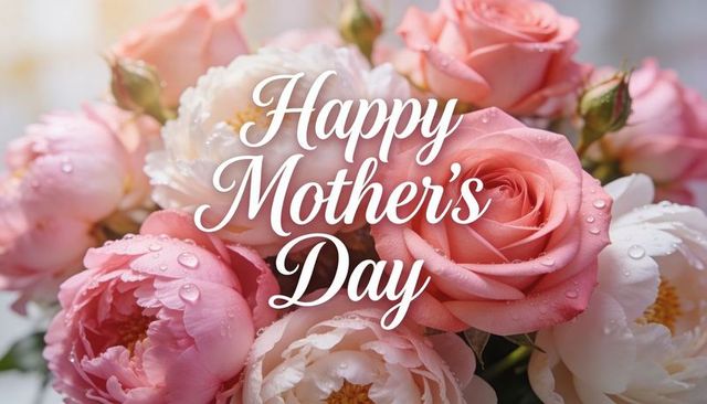 Happy mother's day bouquet of pink roses and peonies with dew drops and soft cursive text