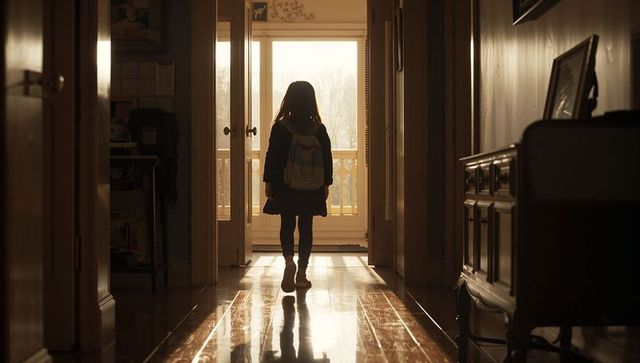 Backlit child walking toward sunlit doorway with backpack, coat and reflective floor