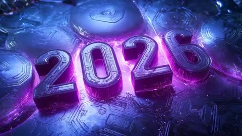 2026 Neon Metal Numerals Rising from Futuristic Circuit Board with Magenta Glow