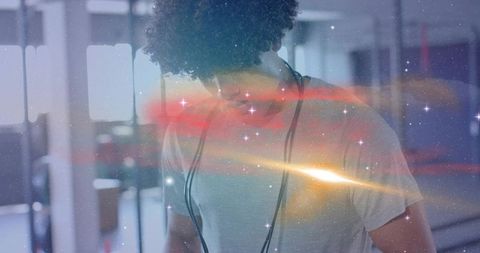 Healthcare Worker Adjusting Stethoscope with Cosmic Overlay