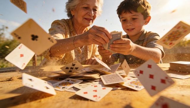 Grandmother playing cards with grandson on sunlit deck while cards fly in golden hour
